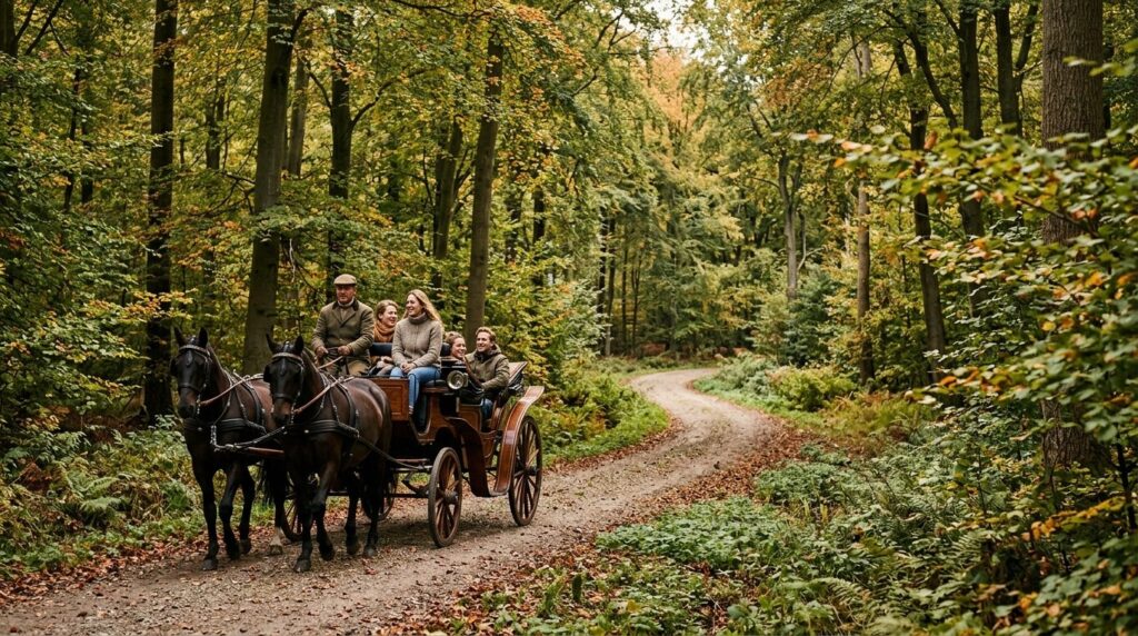 Stille landsdelslandskab med en historisk hestevogn i bevægelse.