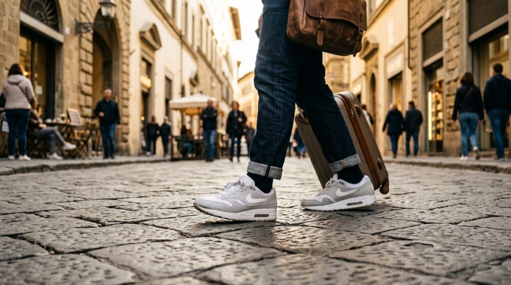 Lifestyle photograph of a traveler wearing Nike Air Max 1 Pu