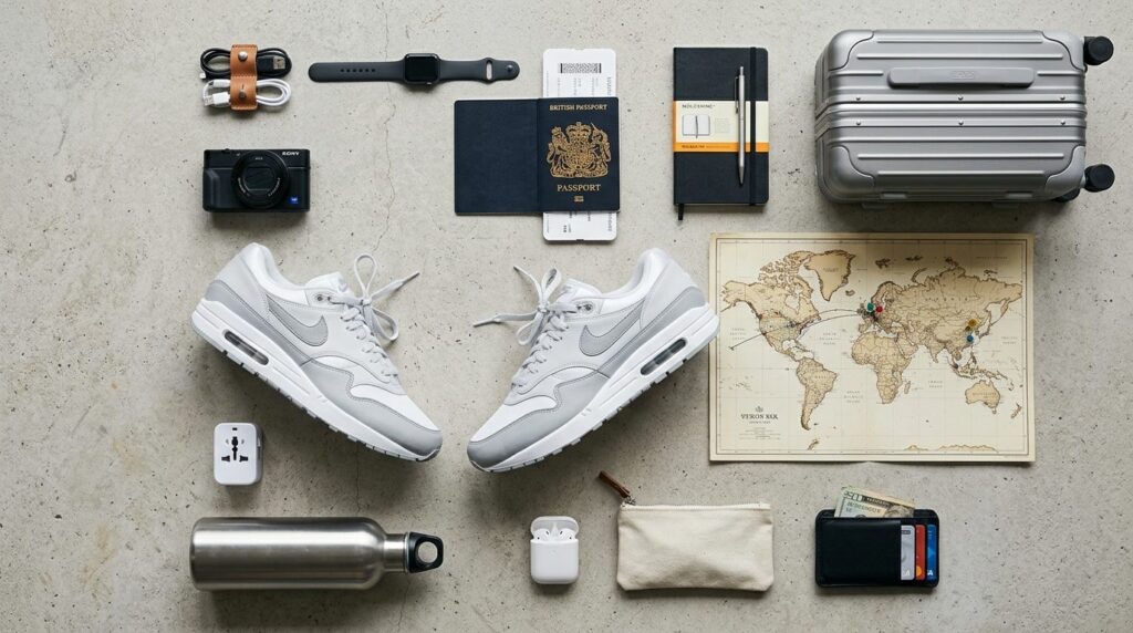 Flat lay travel essentials composition featuring Nike Air Ma