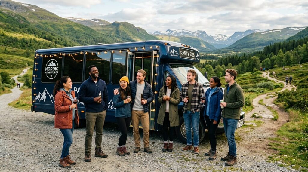 En gruppe voksne rejsende af forskellig etnisk baggrund smiler og nyder hinandens selskab.
